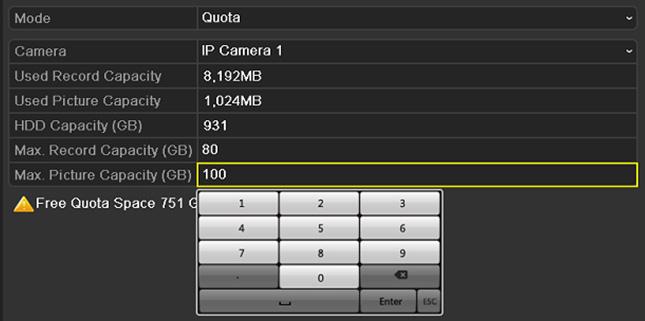 Obrázek 14 18 Okno nastavení režimu ukládání Krok 3: Vyberte kameru, pro kterou chcete kvótu nakonfigurovat. Krok 4: Do textových polí Max. Record Capacity (GB) a Max.