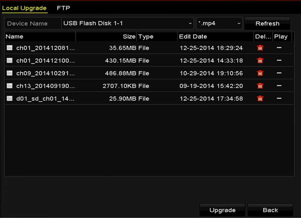 16.5 Upgrade systému Účel: Firmware zařízení NVR lze upgradovat pomocí místního záložního zařízení nebo vzdáleného serveru FTP. 16.5.1 Upgrade pomocí místního záložního zařízení Krok 1: Propojte zařízení NVR a místní záložní zařízení, na kterém je umístěn soubor aktualizace firmwaru.