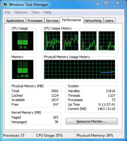 Obrázek 18 1 Okno správce úloh systému Windows Vyberte kartu Performance a zkontrolujte stav CPU a paměti. Pokud nejsou zdroje dostatečné, proveďte nezbytná opatření.