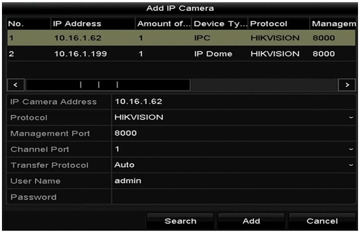 Obrázek 2 29 Okno pro rychlé přidání IP kamery IP kameru lze také přidat vlastním způsobem úpravou parametrů v odpovídajícím textovém poli a