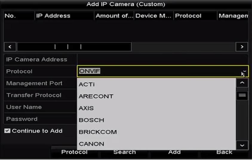 Připojená síťová kamera musí typ protokolu a přenosové protokoly podporovat. Jakmile vlastní protokoly přidáte, zobrazí se název protokolu v rozevíracím seznamu, viz Obrázek 2 39.