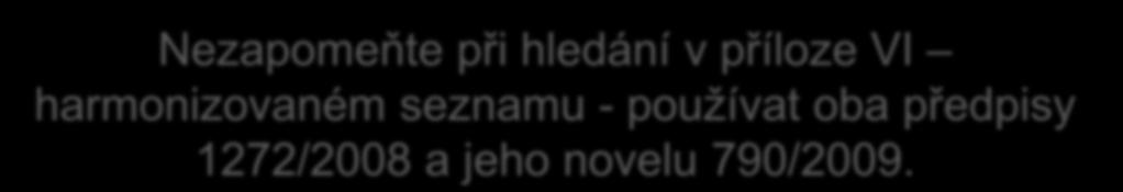 Není-li látka v příloze VI pouţije se číslo ze seznamu klasifikací (v novém draftu návodu k CLP je to zpochybněno,