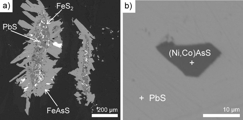 Ve vzorku SS-60 byla v galenitu objevena asi 10 µm velká inkluze (Obr. 9.) fáze obsahující nikl, kobalt, arsen a síru (analýza viz. tabulka 8.). Podle poměru zastoupených prvků se pravděpodobně jedná o izomorfní směs gersdorfitu (NiAsS) a kobaltinu (CoAsS).