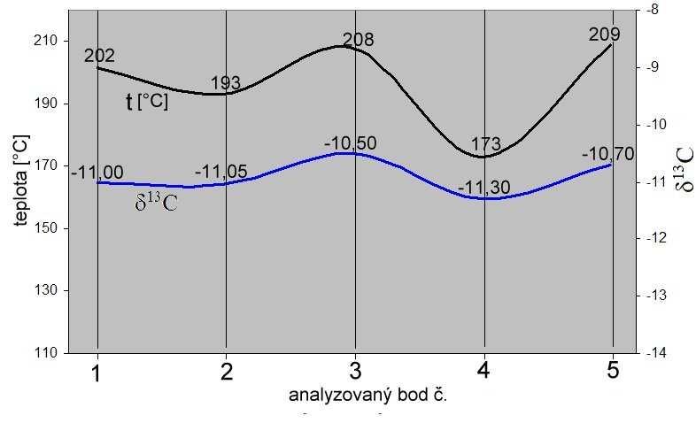 narůstat (víceméně) symetricky od obou okrajů směrem ke středu žíly, alespoň v mladší etapě vývoje žíly. I v analyzovaných bodech blíže ke středu žíly (body 2. a 4.