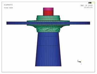 tuhého základu. Tuhost j volna tak, aby njnižší frkvnc kola v kapalin byla kolm 11,5 Hz. Clé obžné kolo bylo modlováno 10689 prvky SOLID45. Kapalinová oblast má vlmi podrobn modlované hraniní povrchy.