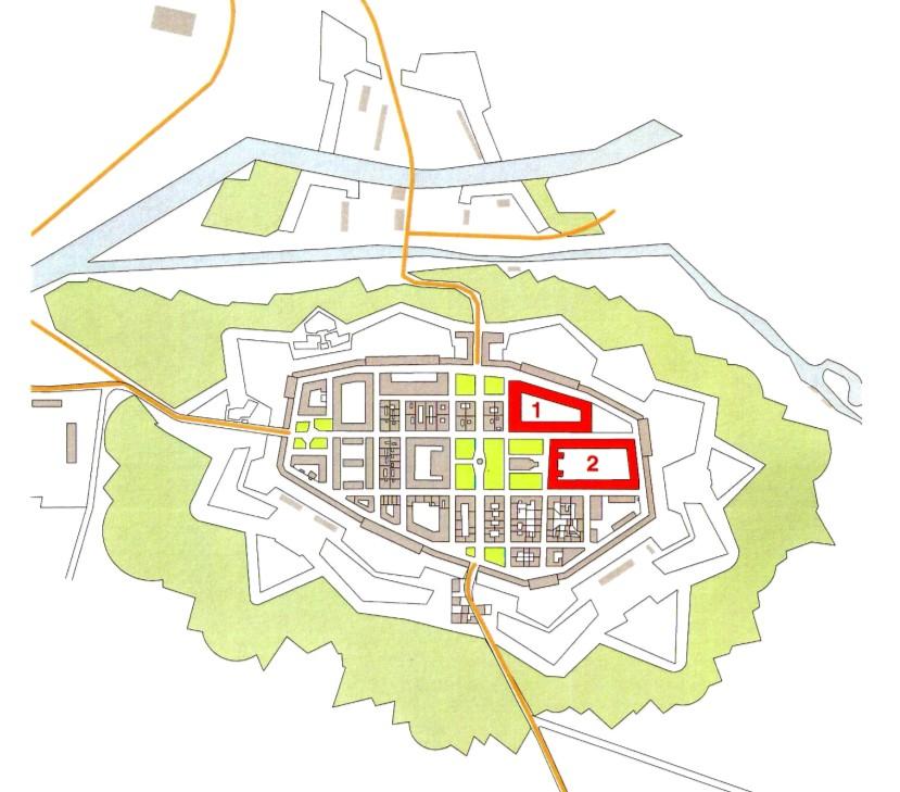 Obrázek 16: Lokace vojenské nemocnice (1) a Čtvercových kasáren (2) v Josefově Zdroj: 319 Využití vojenských objektů v MPR Josefov je stabilizované a tak nehrozí škody vznikající někdy např.