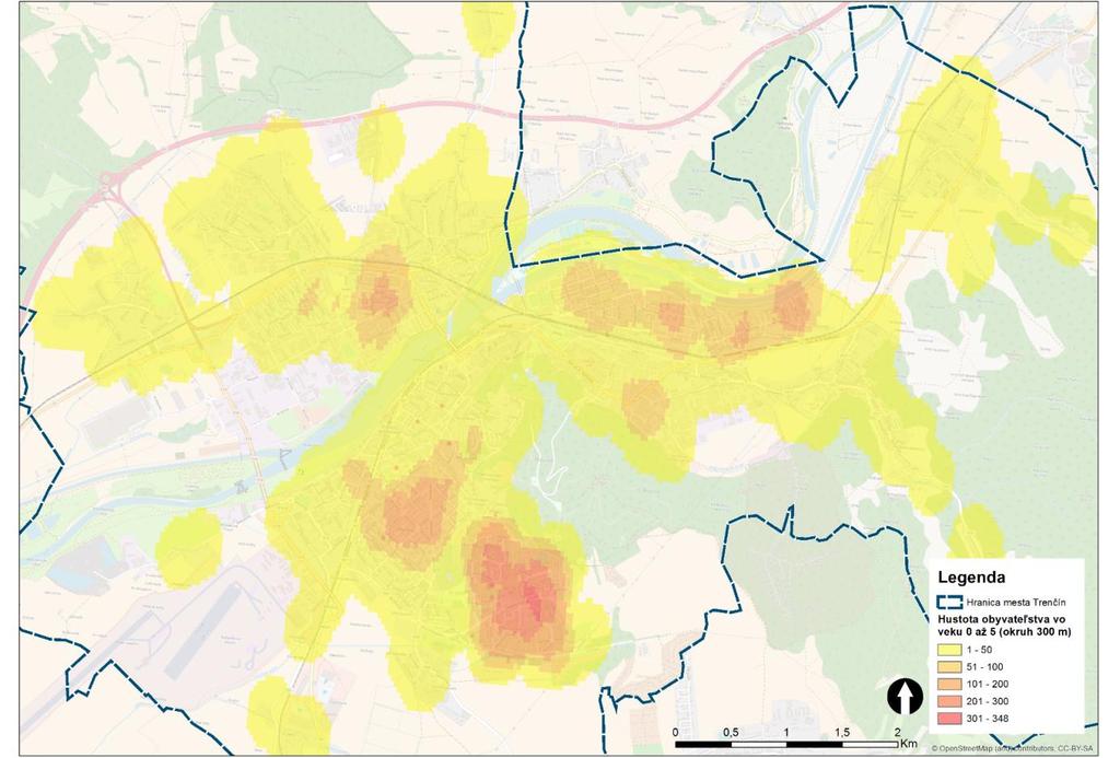 Mapa 1: Koncentráciu obyvateľstva vo veku od 0 do 5 rokov v meste (vlastné spracovanie podľa Mesto, 5) Nasledujúca mapa zobrazuje koncentráciu obyvateľstva v poproduktívnom veku.