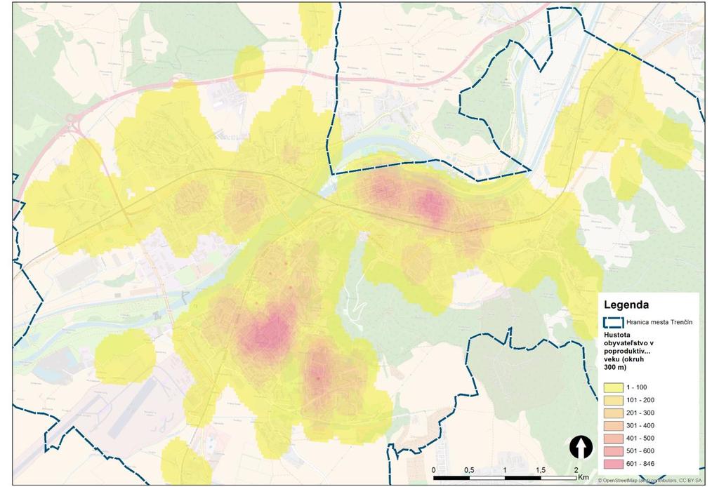 Mapa 2: Koncentráciu obyvateľstva v poproduktívnom veku v meste (vlastné spracovanie podľa Mesto, 5) Pre prognózu vývoja počtu obyvateľov bola využitá metóda extrapolácie údajov z obdobia 2009-7 s