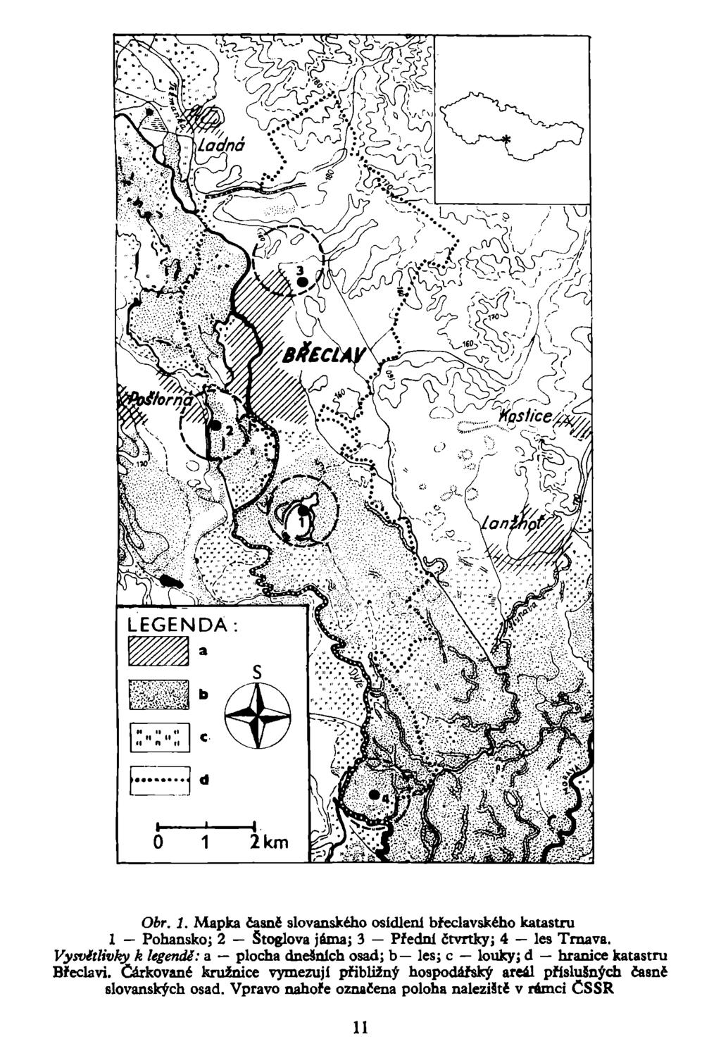 Obr. 1. Mapka časné slovanského osídleni břeclavského katastru 1 Pohansko; 2 Štoglova jámaj 3 Přední čtvrtky; 4 les Trnava.