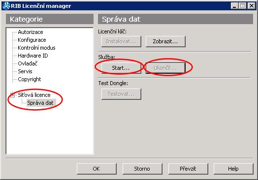 Ukončením a novým startem služby poskytování licence do sítě provedení funkcí Ukončit a Start ve Správě dat kategorie Síťové licence v panelu RIB licenčního manageru.
