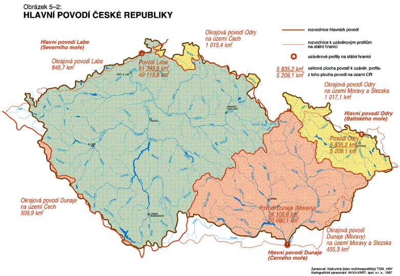 Hlavní evropské rozvodnice dělí hydrologicky územíčeské republiky na tři hlavní