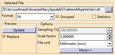 Prvotní snahou bylo importovat geometrii přímo do programu ANSYS, kde ale nastal problém s načtením formátu STL. Reálným mezikrokem pro uzavření geometrie do objemu bylo použití programu Catia V5 obr.