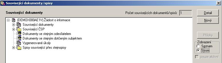 zpracování). Kliknutím na tlačítko Související, zobrazíte okno Související dokumenty/spisy.