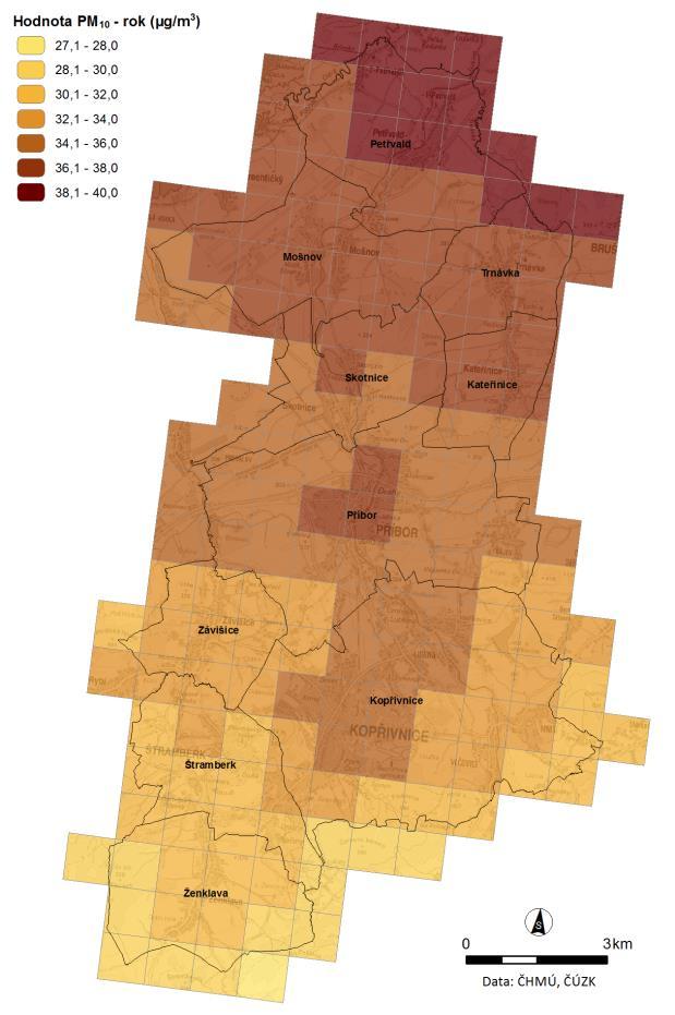 Obrázek 4: Pole průměrných pětiletých koncentrací PM 10 v ORP Kopřivnice v