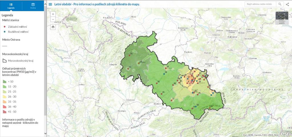 Obrázek 32: Pravděpodobné koncentrace PM 10 v letním období pro území MSK Zdroj: ZÚ, mapový výstup projektu 2015 Tabulka 45: Podíly jednotlivých skupin zdrojů na imisní situaci na území města