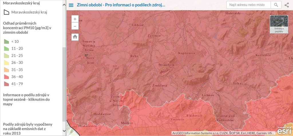 Obrázek 33: Pravděpodobné koncentrace PM 10 v zimním období (okolí města Kopřivnice) Zdroj: ZÚ, mapový výstup projektu 2015 Celkovou situaci v celém MSK potom znázorňuje následující obrázek, ze