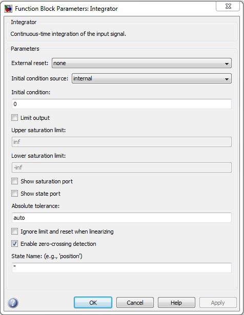 Obr.7 Okno pro nastavení parametrů bloku Integrator Popis možností nastavení bloku: External reset obnovuje stavy počátečních podmínek až se spouštěcí impuls vyskytne v obnovovacím signálu - none -