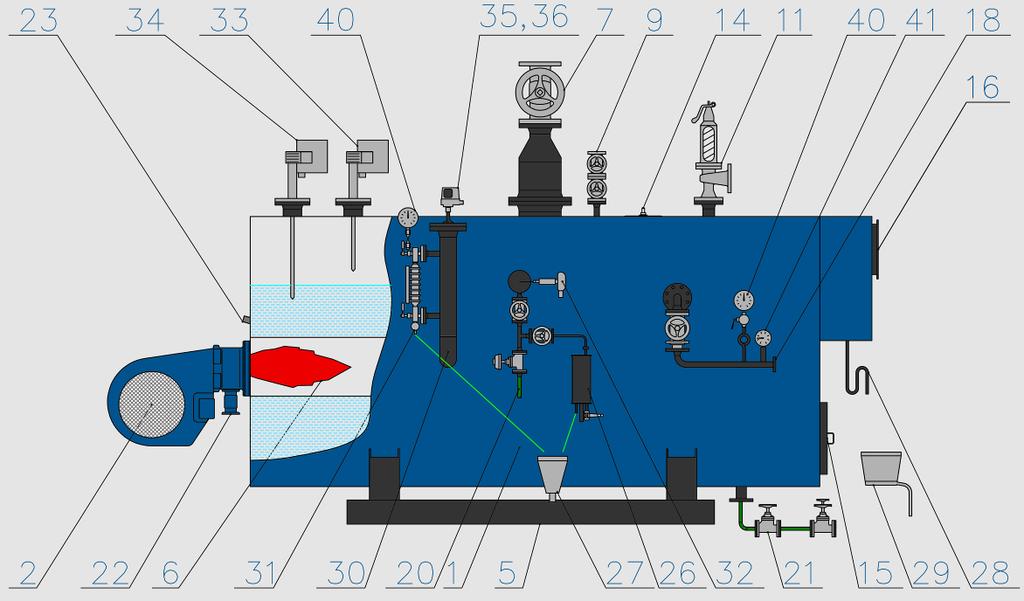 ZÁKLADNÍ SCHÉMA ZAPOJENÍ PARNÍCH KOTLŮ 1) Kotel 2) Hořák 3) Ekonomizér 4) Přehřívák 5) Podstava 6) Plamenec 7) Výstup syté páry 8) Výstup přehřáté páry 9) Odvzdušnění 10) Najížděcí ventil kotle 11)