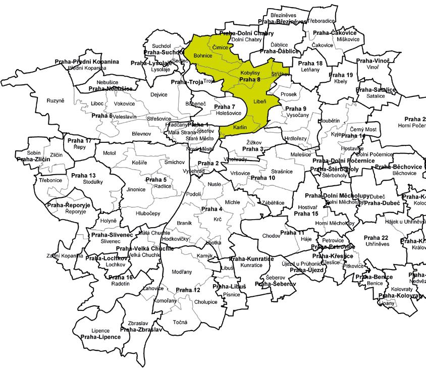Městská část Praha 8 zahrnuje celá území Bohnice, Kobylisy, Čimice,