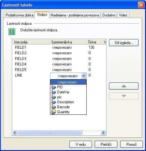 Lastnosti tabele: Stolpci Lastnosti tabele: Stolpci Lastnosti stolpca: Določite lastnosti stolpce.