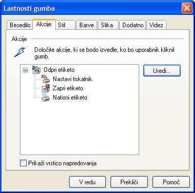 Meni Element Gumb Lastnosti gumba: Akcije Lastnosti gumba: Akcije Akcije: Pregled akcij, ki se izvedejo, ko uporabnik klikne gumb. Uredi: S klikom na gumb odprete pogovorno okno Urejvalnik akcij.