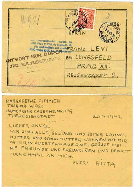 Postkarte aus dem GhettoTheresienstadt von Marketa Zimmerová (Ritta) an einen Onkel in Prag, 1942