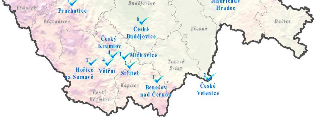 3 - MAPA JIHOČESKÉHO KRAJE S ROZMÍSTĚNÍM A POČTY LOKALIT OHROŽENÝCH SOCIÁLNÍM VYLOUČENÍM V LETECH 2013/2014 Společnost GAC