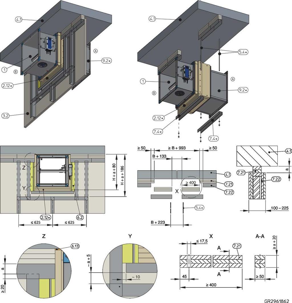 Lehké příčky s kovovou nosnou konstrukcí > Suchá vestavba s pružným stropním spojem a ins... 5.6.4 Suchá vestavba s pružným stropním spojem a instalační sadou GL... Obr.