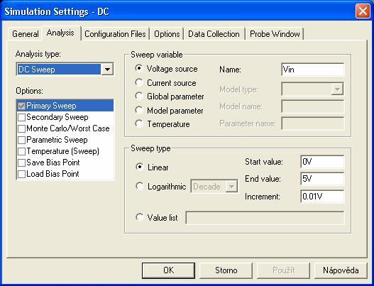 Řešení: Je třeba provést DC analýzu. Před simulací je nutné založit tzv. simulační profil: PSpice/New Simulation Profile Vyplníme jméno, např. DC a zvolíme Create.
