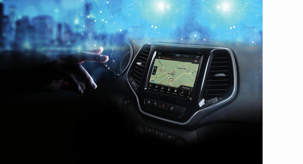 VE SPOJENÍ SE SVĚTEM I NA PALUBĚ VOZU Nový Jeep Cherokee má ve výbavě nejmodernější infotelematický systém Uconnect s 8,4 dotykovou obrazovkou a navigací, který umožňuje připojení a zrcadlení vašeho