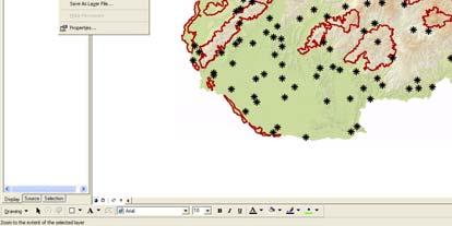 Základná práca s vrstvou: Všetky geografické dáta sú v programe ArcMap zobrazované ako vrstvy a môžeme ich vidieť v obsahovej časti zobrazene pod sebou.