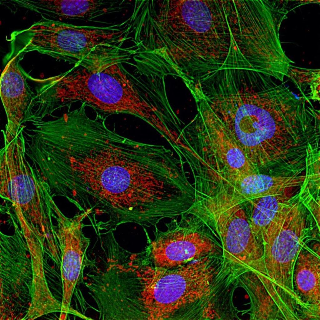 3T3 fibroblastová buněčná linie. Snímek z laserového skenovacího konfokálního mikroskopu. Vzorek byl fixován, permeabilizován a specificky označen.