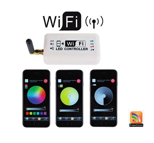 ovladače pro RGB pásky RGB ovladač Wi-fi ovladač pro LED pásky s ovládáním přes smartphony - Wi-fi spojení dálkové ovládání -pomocí smartphonu, spojení Wi-fi, nutno nainstalovat aplikaci Freecolor