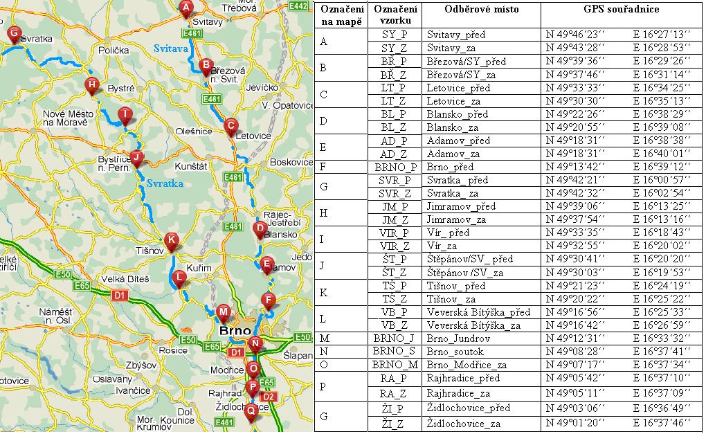 souřadnice odběrových míst (viz obrázek 26), vlastnosti vody (teplotu, ph, pach) a informace o počasí. Vzorky byly odebírány pomocí hloubkového vzorkovače.