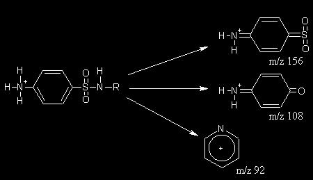 Obrázek 37: Fragmentace molekul sulfonamidů [142] Po přímém nástřiku byly vzorky standardů změřeny. Byla použita optimalizovaná metoda LC/DAD.