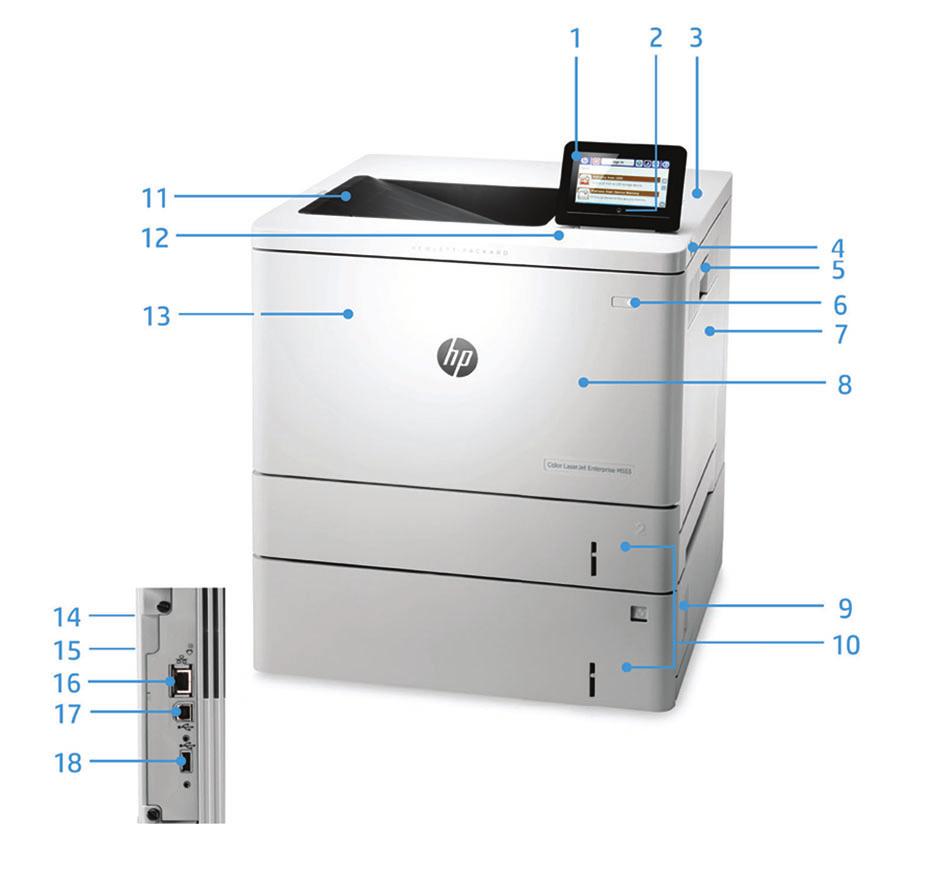 Představení produktu Vyobrazená barevná tiskárna HP LaserJet Enterprise : 1. Přehledný ovládací panel s 10,9cm (4,3") barevným dotykovým VGA displejem s naklápěním pro lepší prohlížení 2.