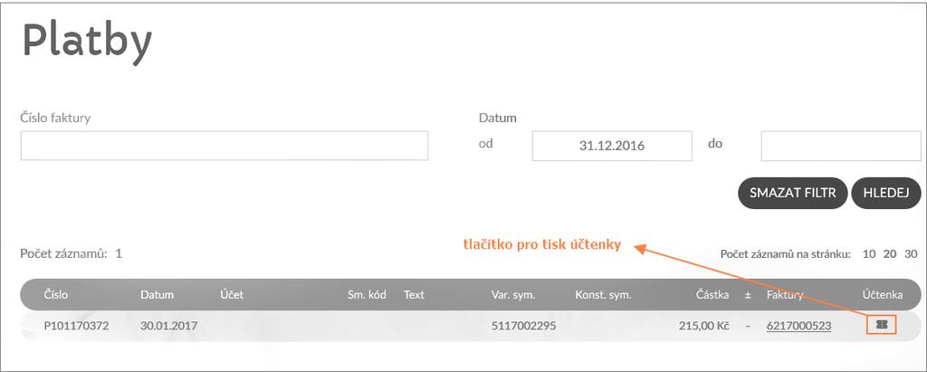 Druhou variantou je v přehledu plateb tisk přes tlačítko v posledním sloupci Účtenka, viz obrázek níže. 4.1 INFORMAČNÍ POVINNOST Nezapomeňte také na informační povinnost dle 25 zákona o EET.