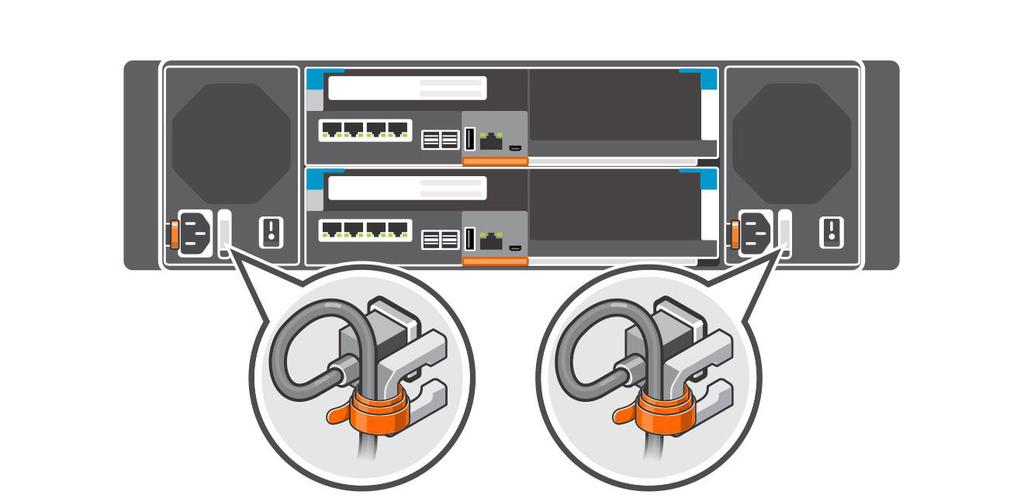 Obrázek 6. Připojení napájecích kabelů 3 K upevnění napájecích kabelů k použijte pásky šasi úložného systému. Obrázek 7.