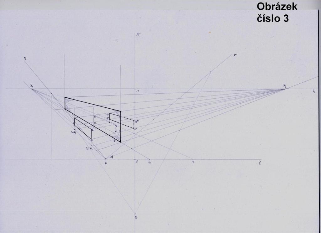 kterého promítám, nemusím volit U1, můžu klidně zvolit bod H nebo jakýkoliv jiný bod na horizontu, nejde mi zde o vzdálenost, ale o poměr vzdáleností).
