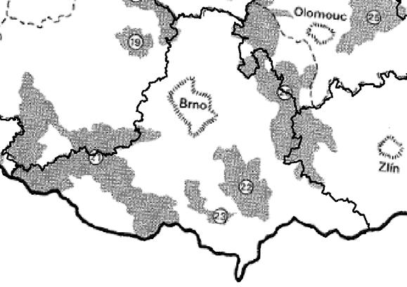 vnitřních periferií soustředěných především při krajských hranicích výsledkem bylo určení určitých shluků soustředěných okolo administrativních hranic tehdejších krajů Musilova mapa