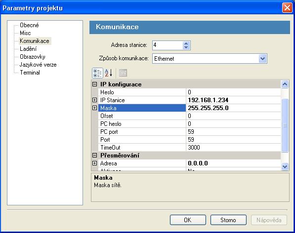 Parametry projektu Komunikace použitá stanice 4