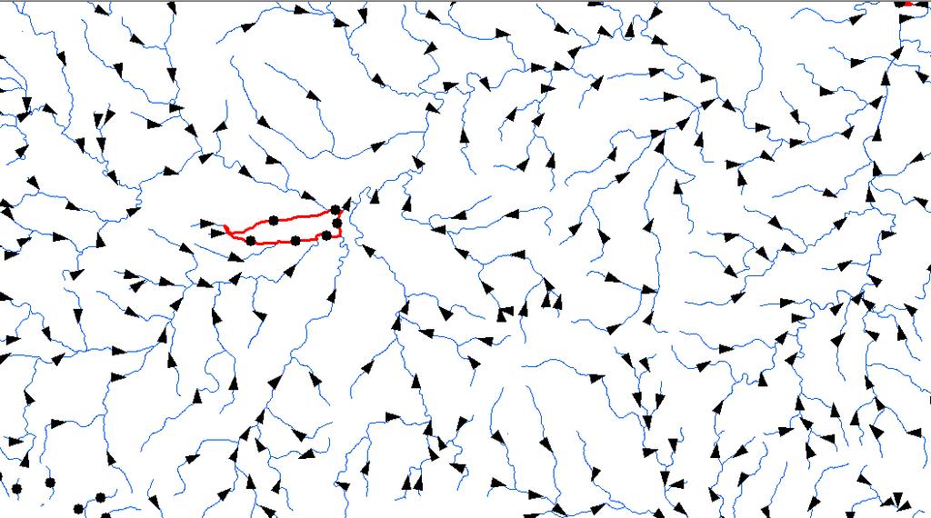 Obrázek 5-18: Překryt původních vodních toků (červená linie) s nově vygenerovanými vodními toky (modrá linie).