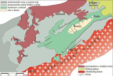 Geologie a geomorfologie Barrandien Barrandien je oblast Českého masívu ležící zhruba mezi Kostelcem nad Labem na SV a Domažlicemi na JZ, tvořená převážně nemetamorfovaným až slabě metamorfovaným