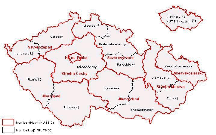 republice existuje osm regionů NUTS 2, které se skládají z jednoho až třech krajů. Regiony NUTS 3 korespondují s kraji České republiky.