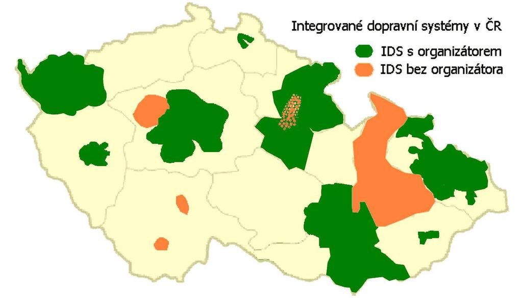 obrázek 2 Zobrazení IDS dle existence organizátora (zdroj: [4] a autor) Železnice jako páteřní dopravní systém v kraji, na který jsou navázány linky dalších dopravců, existuje u systému PID, IDS JMK