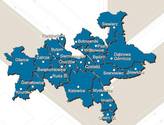 obrázek 4 Obce dopravního svazu KZK GOP (zdroj: [28]) Základním úkolem KZK GOP je organizování veřejné dopravy v Katovické aglomeraci.