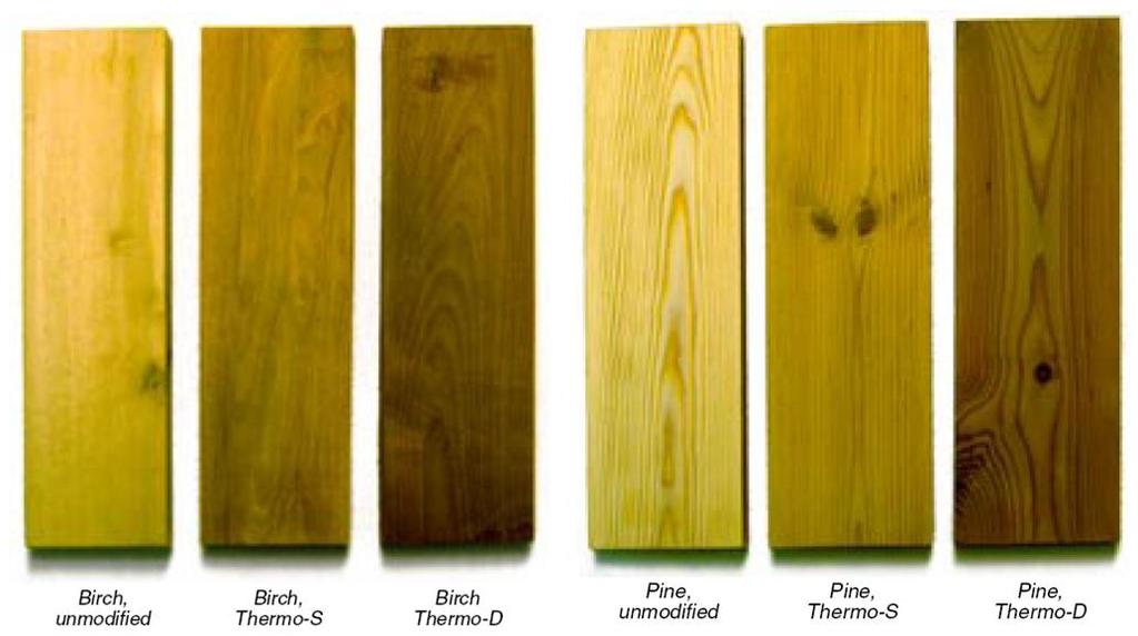 3.8.2 Vzhled Se zvyšující se teplotou, bez ohledu na dřevinu, získává dřevo tmavší odstín. Na obrázku jsou patrné rozdíly mezi neupraveným a upraveným dřevem břízy (vlevo) a borovice.