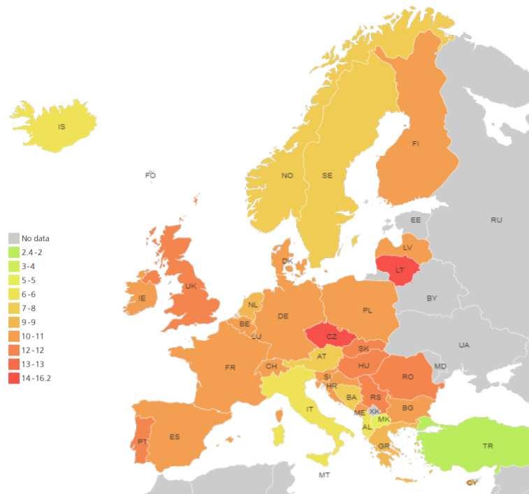 Spotřeba alkoholu v EU Evropský průměr: 11,3 čistého alkoholunaosobuarok(pozn.