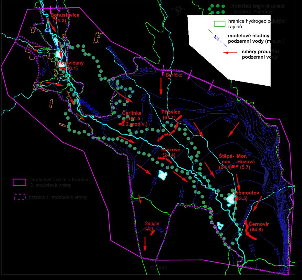 modelové hladiny podz.vody (m n.m.) Modelové hladiny podzemní vody základní varianta rozdíl model.-měřené hlad.p.v. (m n.m.) 1.