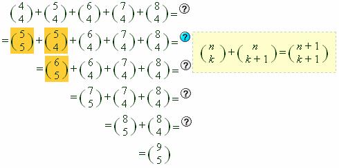 číslem: ( 4 4 ) + ( 5 4 ) + ( 6 4 ) + ( 7 4 ) + ( 8 4 ) Řešení Nejprve si uvědomíme, že platí ( n n ) = 1, a
